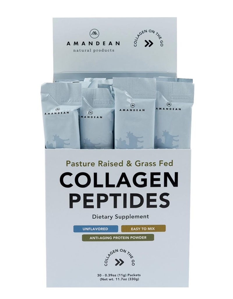AMANDEAN kolagēna peptīdi pūderpakas 30 Individuāli Stick Packs -- Zāle Hidrolizēts kolagēna proteīns - Neuzliesmo, Viegli samaisīt -- Ceļot draudzīgi -- Veicina veselīgu Gut, ādas, matu, nagu.