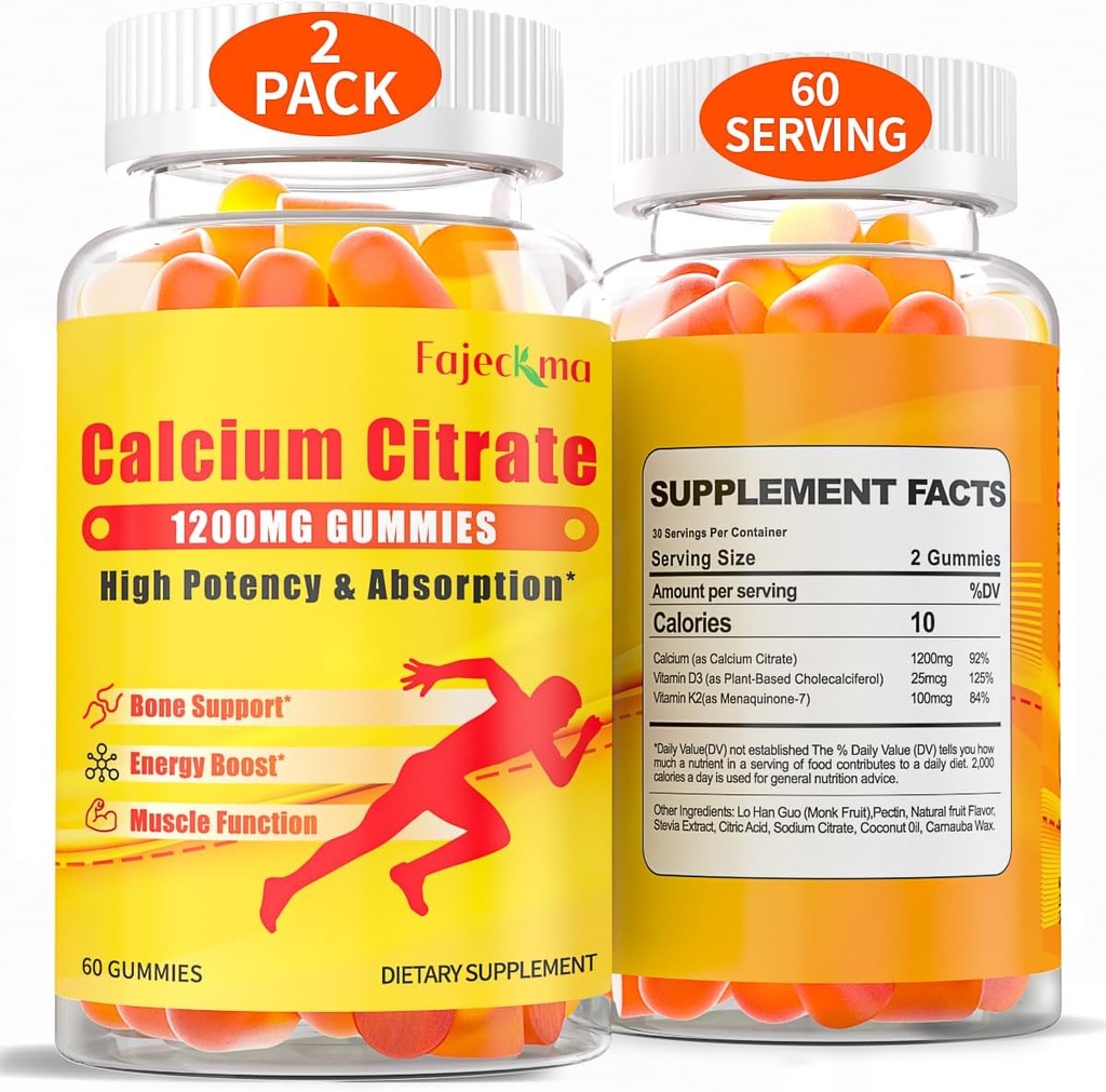 1200mg kalcija citrāts Gumijas pieaugušajiem: bez cukura Vegan Vitamīnu papildinājums ar D3 K2 - Sievietes Vīriešiem augsts absorbcijas papildinājums kaulu zobiem (60 skaitīšana(paka no 2))