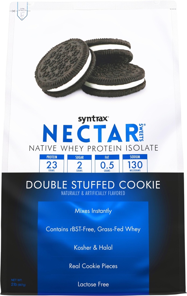 Syntrax Nutrition Nectar konfektes, 100% sūkalu izolāta proteīna pulveris, Double Buffed Cookie, 2 lbs. w / Real Cookie gabali.