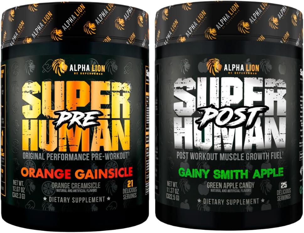 ALPHA LION Superhuman pre Workout pulveris un post Workout Recovery Bandle, ilgstoša enerģija un Focus + Lean Muskuļu augšanu, stiprums un apjoms (Hulk Juice un Gainy Smith Apple)