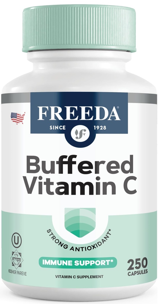 FREEDA C vitamīns - Buferētais vitamīns C 500mg - Košera - Spēcīgs antioksidants Imūnbalsts - Jutīgs kuņģis Vitamīni C Kapsulas Kalcija askorbāts - vitamīns C 500 mg - VIT C Papildinājums (250 Skaits)