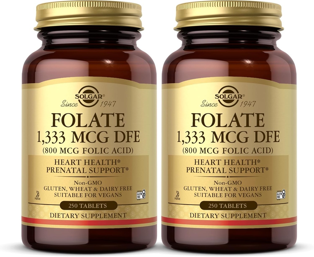 Solgar Folāts 1,333 μg DFE (folskābe 800 μg) - 250 tabletes, iepakojums ar 2 - Pirmsdzemdību atbalsts - Ne-GMO, Vegan, Bez lipekļa, Bez piena, Kosher - 500 Kopējais Pakalpojums