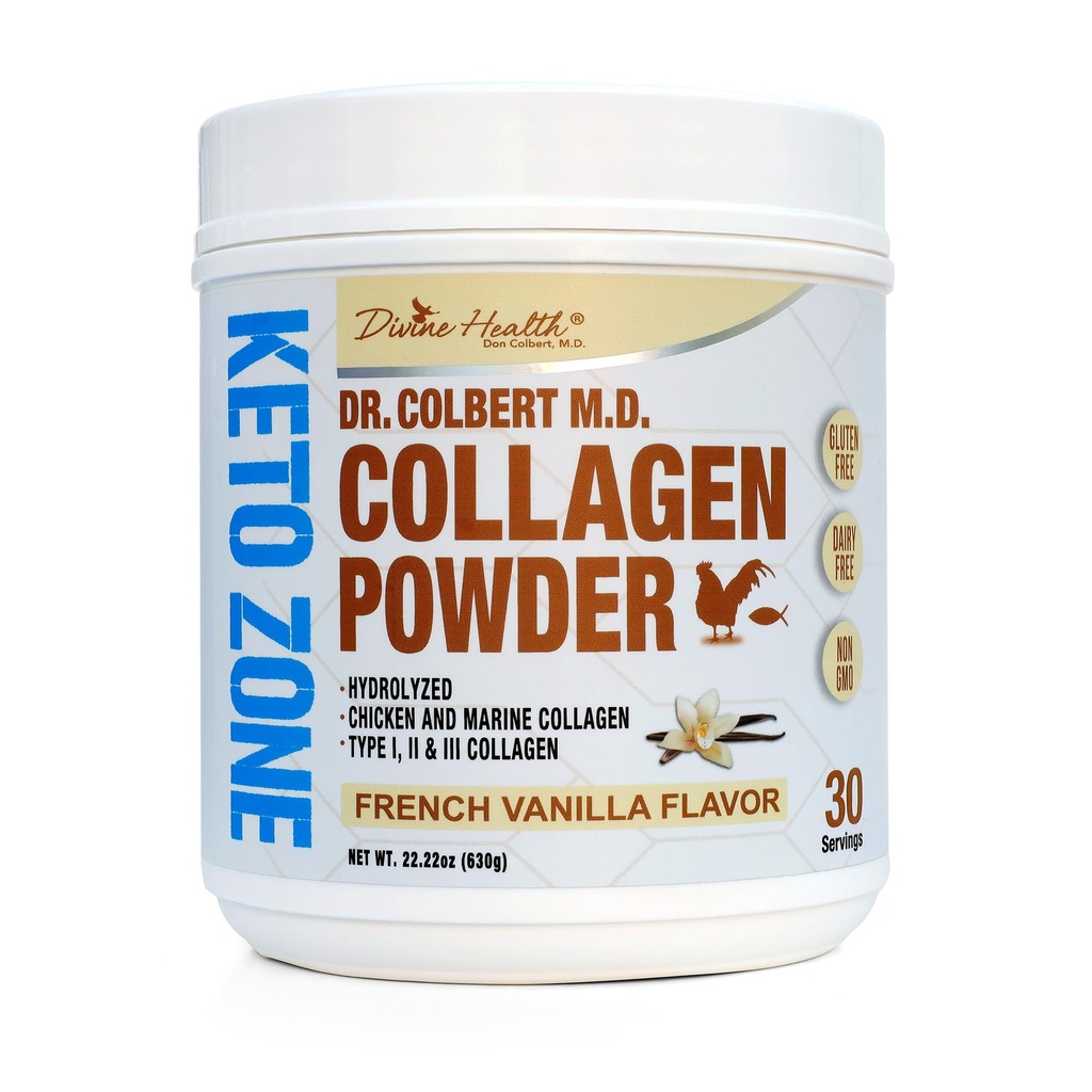 Dr. Colbert, MD Hidrolizēts kolagēna pulveris - Vanilla Flavor - by Divine Health - tips I, II, III Vistas un jūras kolagēna peptīdi - Atbalsts Matu, ādas, nagu un locītavu - 630g - 30 Kalpo
