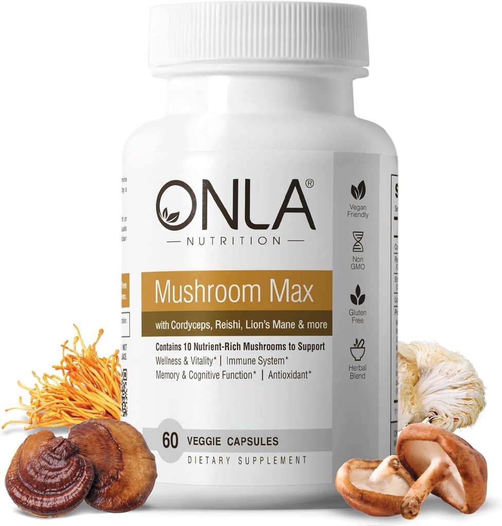 ONLA Vegan Sēņu Papildinājums - 10-in-1 Lauvas Mane Sēnes, Reiši Sēnes, Cordyceps, Shiitake - Sēņu kapsulas Imūnsistēmai, Dabiskas Smadzeņu piedevas atmiņai un fokusam (60 Cap)