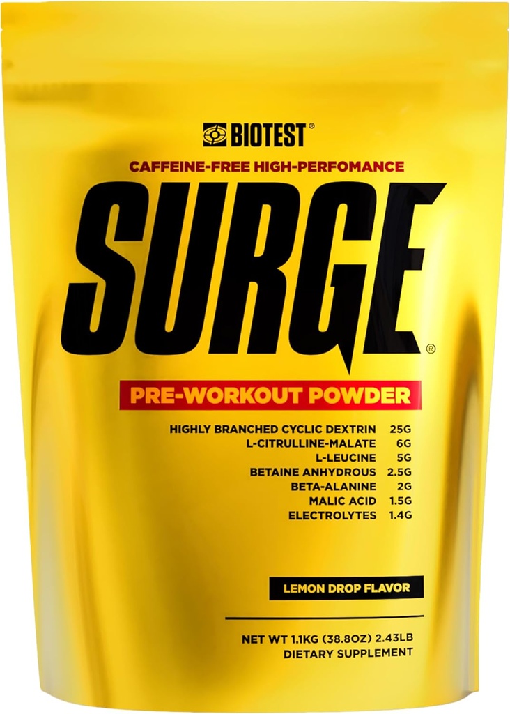 Surge Pre-Workout Powderl - 25 g Augsti sazarots Cikliskais Dekstrīns, 6.5 g Citrulīna malāts, 5 g L-leicīns, 2.5 g Betaīns Bezūdens, 2 g Beta-Alanīns, 1.4 g Electrolyte Blend - 1.1 Kg