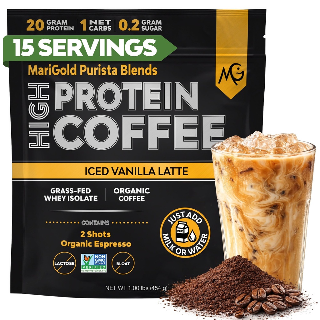 MariGold High Protein Coffee - Iced Vanilla Latte, 20g Grass-Fed Whey Protein Isolāts, Enerģija & Workout Boost, 2 Shots Organic Espresso, Non-GMO, 1 Net Carb, 1 Lb Bag, 15 Servē