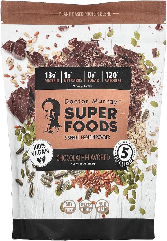 Dr. Murray's Super Foods, 3 Sēklu proteīna pulveris, Ķirbju + Linu + saulespuķu, šokolāde, 16 oz (453,5 g)