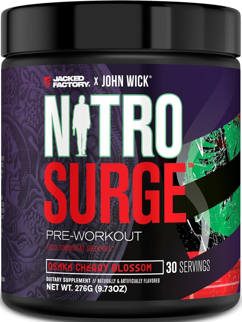 Jacked Factory X John Wick - Nitroķirurgs Wick Pre Workout Papildinājums - Intensīva enerģija, Battle-Ready Focus, neapturama apņemšanās, un Sheer Will - 30 Kalpo, Osaka Cherry Blossom