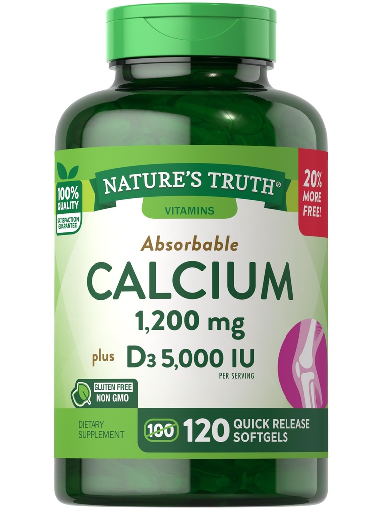 Dabas patiesība Kalcijs 1200 mg Plus vitamīns D3 5000 SV piedevas, 120 Skaits (3. iepakojums)