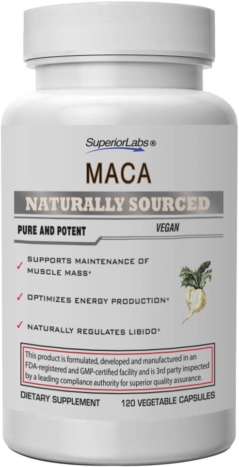 Superior Labs - Organic Peruian Maca - 100% Pure NonGMO - Uztura papildinājums kausēšanai un relaksācijai - Zero Sintētiskās piedevas, Stearāti, Dioksīdi - 750mg, 120 Dārzeņu kapsulas