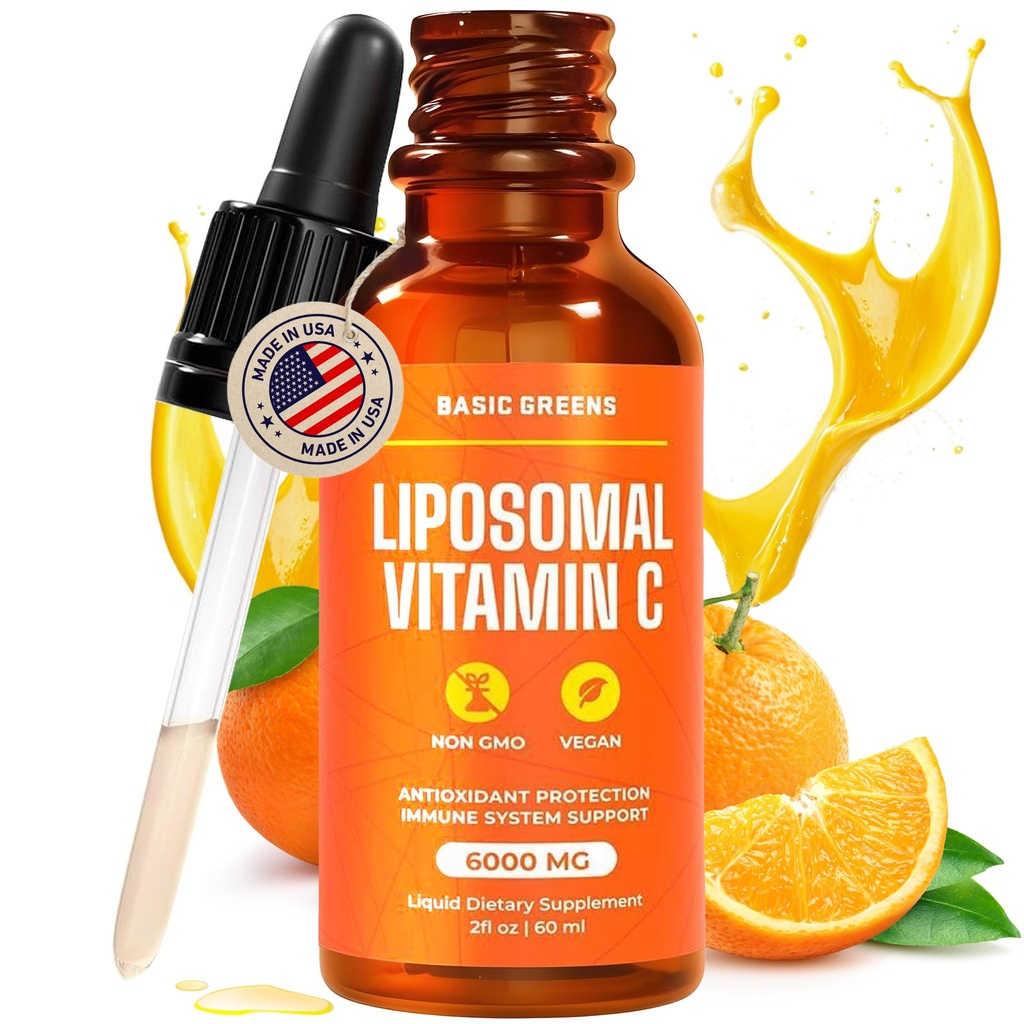 Liposomālais vitamīns C Šķidrums 6000mg – Augsta Absorbcija Šķidrums C Papildinājums imūno atbalstu, Antioksidants un ādas veselību – Ne-GMO, Vegan, Gentle Formula – 2 fl oz