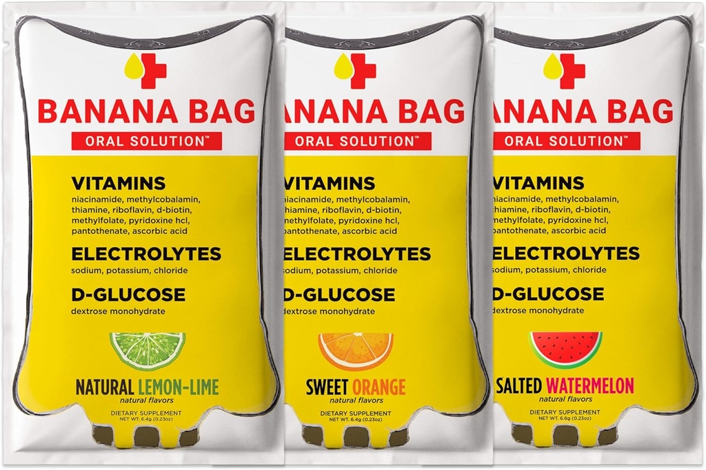 Banana Bag šķīdums iekšķīgai lietošanai Packets – Variety Pack 15pk - A Atsvaidzinošs Blend of Electrolytes, C vitamīns, un B-Complex -Complex -Cafted hidratācijas un enerģijas jebkurā laikā, vai mājās, Darbs, vai Go