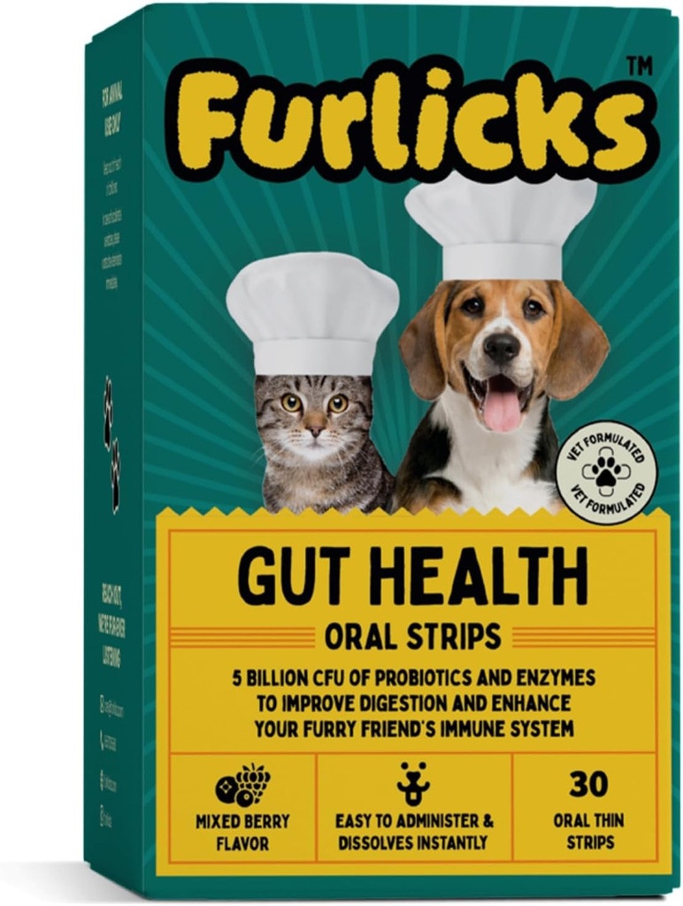 Furlicks Gut Veselības Papildinājums suņiem un kaķiem, Probiotikas, proteāze, Lipāze Uzlabota Gremošanas, Uzlabota Immunity, Veselīga Gut Flora & Caureja & Boutel atbalsts (30 Mutes šķīdināšanas sloksnes)