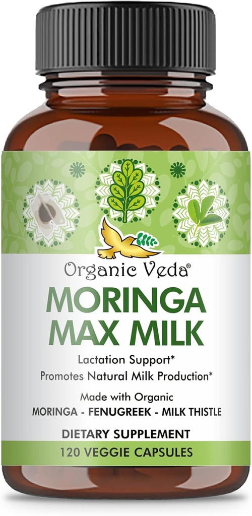 Organic Veda Moringa Max Milk Zīdīšanas papildinājums (120 kapsulas) - 1800mg Super Streng Organic Vegan komplekss ar Grieķu, Piena dadzis, Moringa Leaf & Sēklas zīdīšanas Piena piegādes