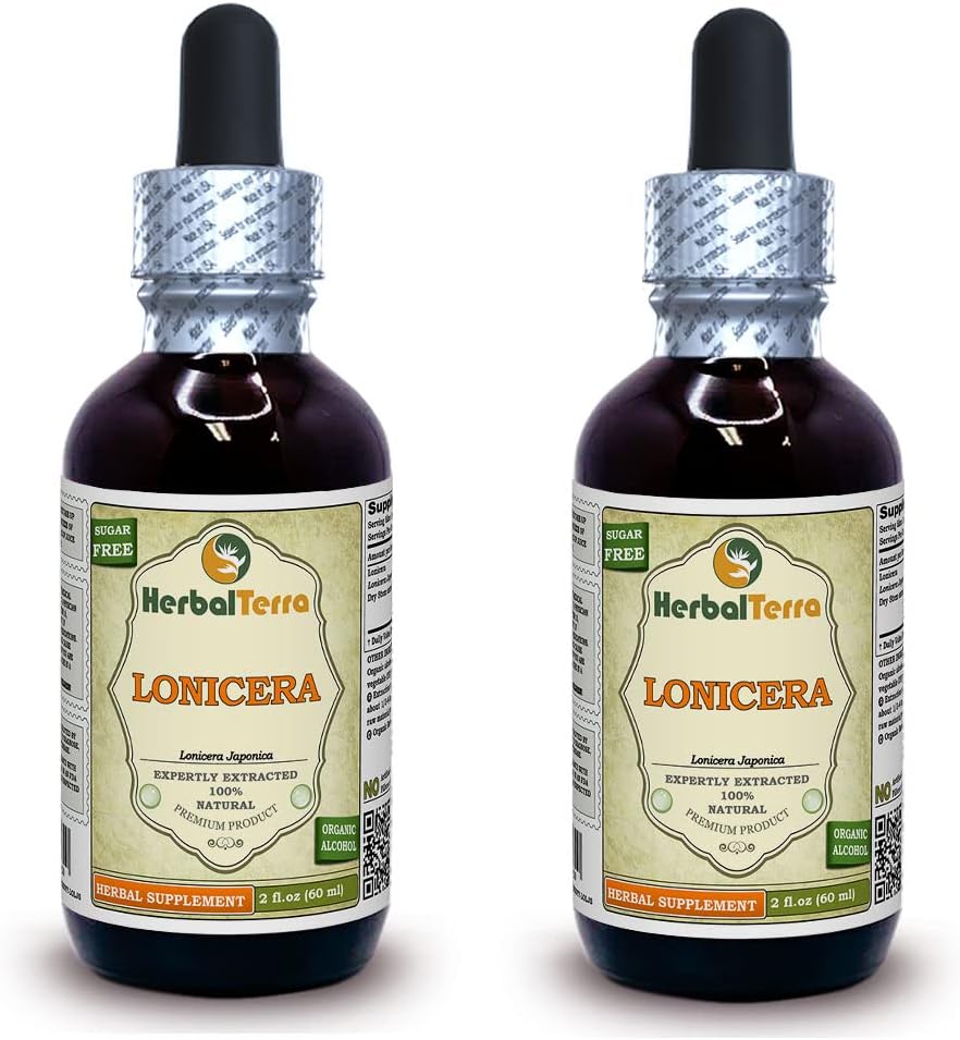 Lonicera (Lonicera Japonica) Tinktūra, Žāvēti ziedi Šķidrais ekstrakts (zīmuļa nosaukums: HerbalTerra, proudly made in USA) 2x2 fl.oz (2x60 ml)