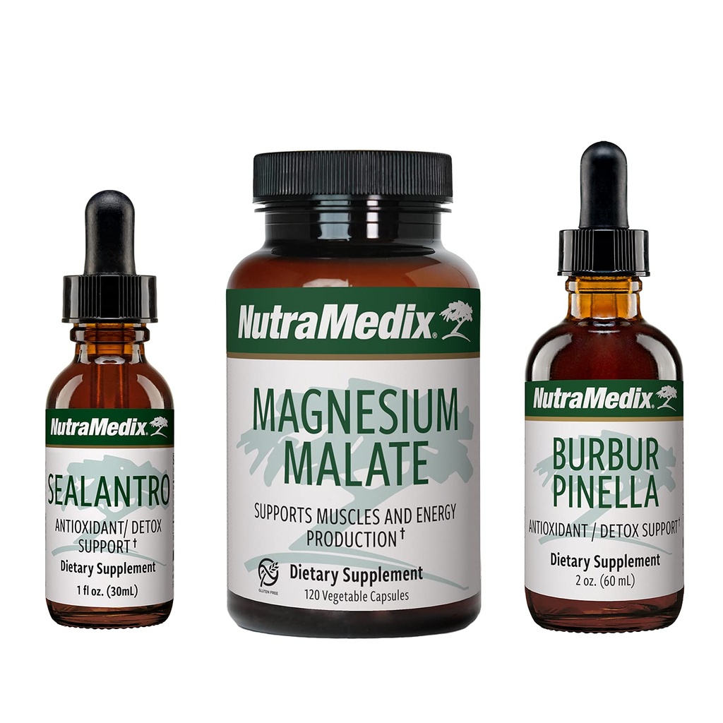 NutraMedix Detox komplekts - 3- Piederumu komplekts ar Sealandro, Burbur-Pinella un magnija malātu tīrīšanai, detox un ikdienas labsajūtai - uz augu bāzes veidotas šķidrās detox pilieni un ikdienas kapsulas