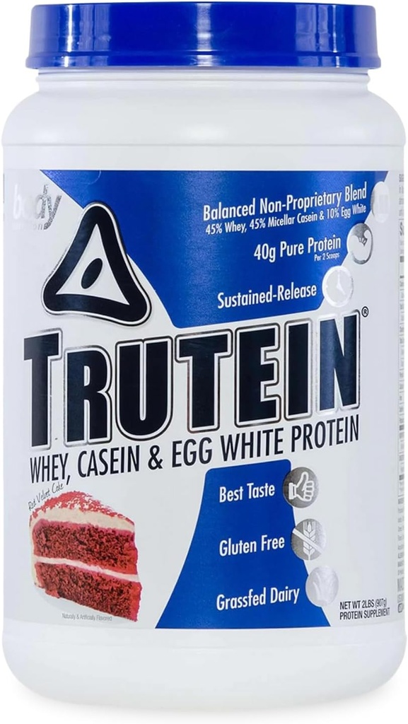 Body Nutrition Trutein High Protein Pulveris: 45% Sūkalas, 45% Kazeīns, 10% Olu balts, bez lipekļa, zems nātrija līmenis, zāles kausētu sūkalu olbaltumvielu pulveris, Gym papildinājums un brokastis Shake, sarkans Velvet kūka, 2lb