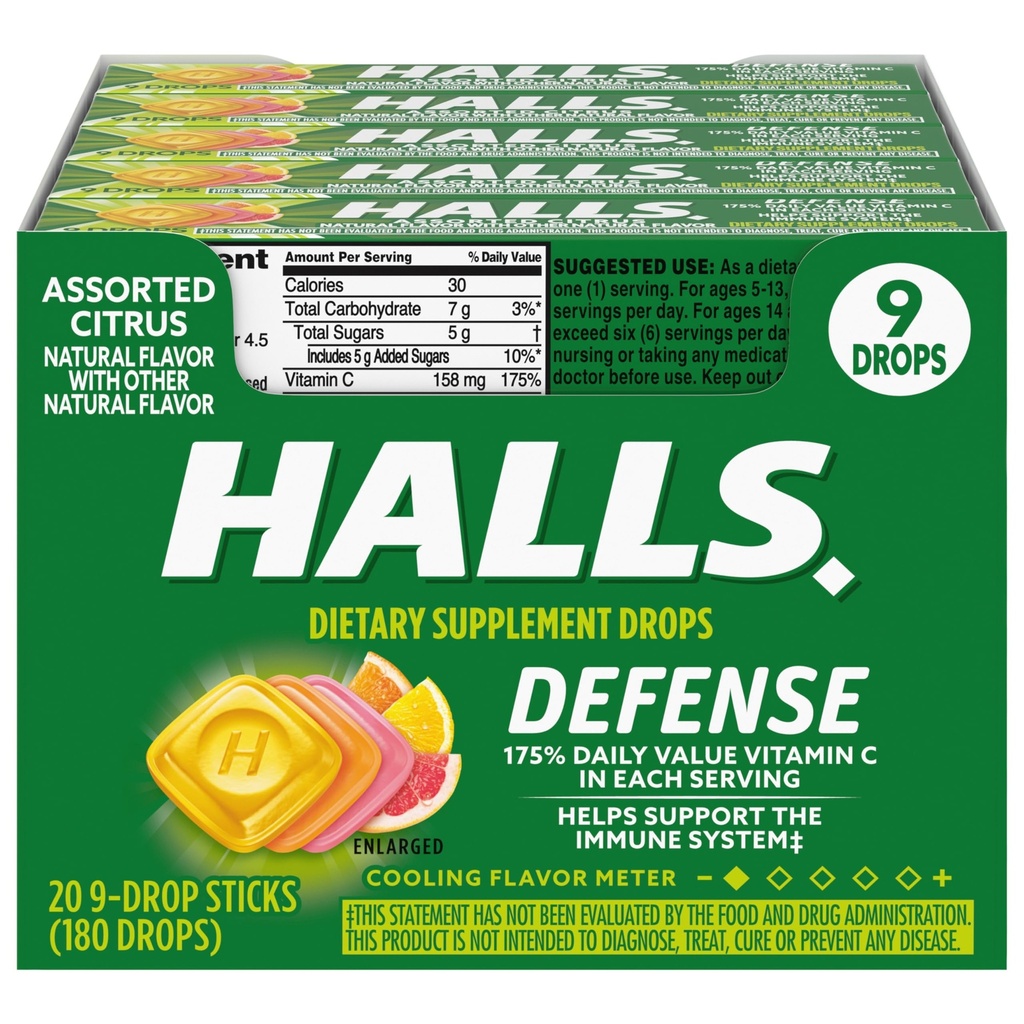 HALLS Defense Asorti Citrus C vitamīna pilieni, 20 Sticks 9 pilieni (180 Kopējais pilieni)