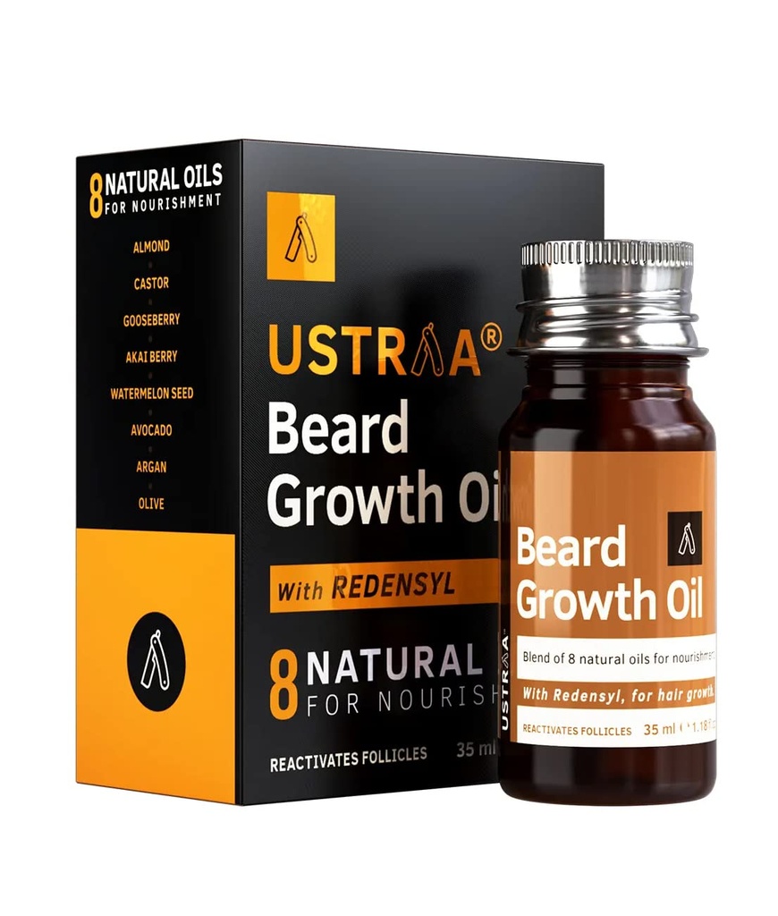 USTRAA Beard Growth Oil - vairāk bārda augšana, ar Redensyl, 8 Dabas eļļas, tostarp Jojoba Oil, E vitamīns, Barošana un stiprināšana, Nav kaitīgas ķimikālijas