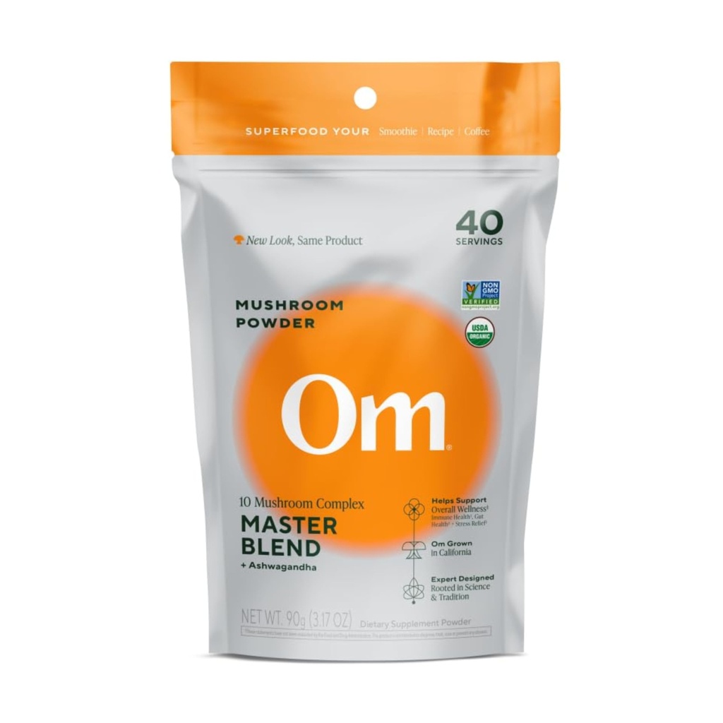 OM Master Blend Mushroom Powder – Organic Sēņu Papildinājums ar 10 Sēnēm un Ashwagandha - Support Immunity, Gut Health & Stress Relief, 3.17 oz (40 Kalpo)