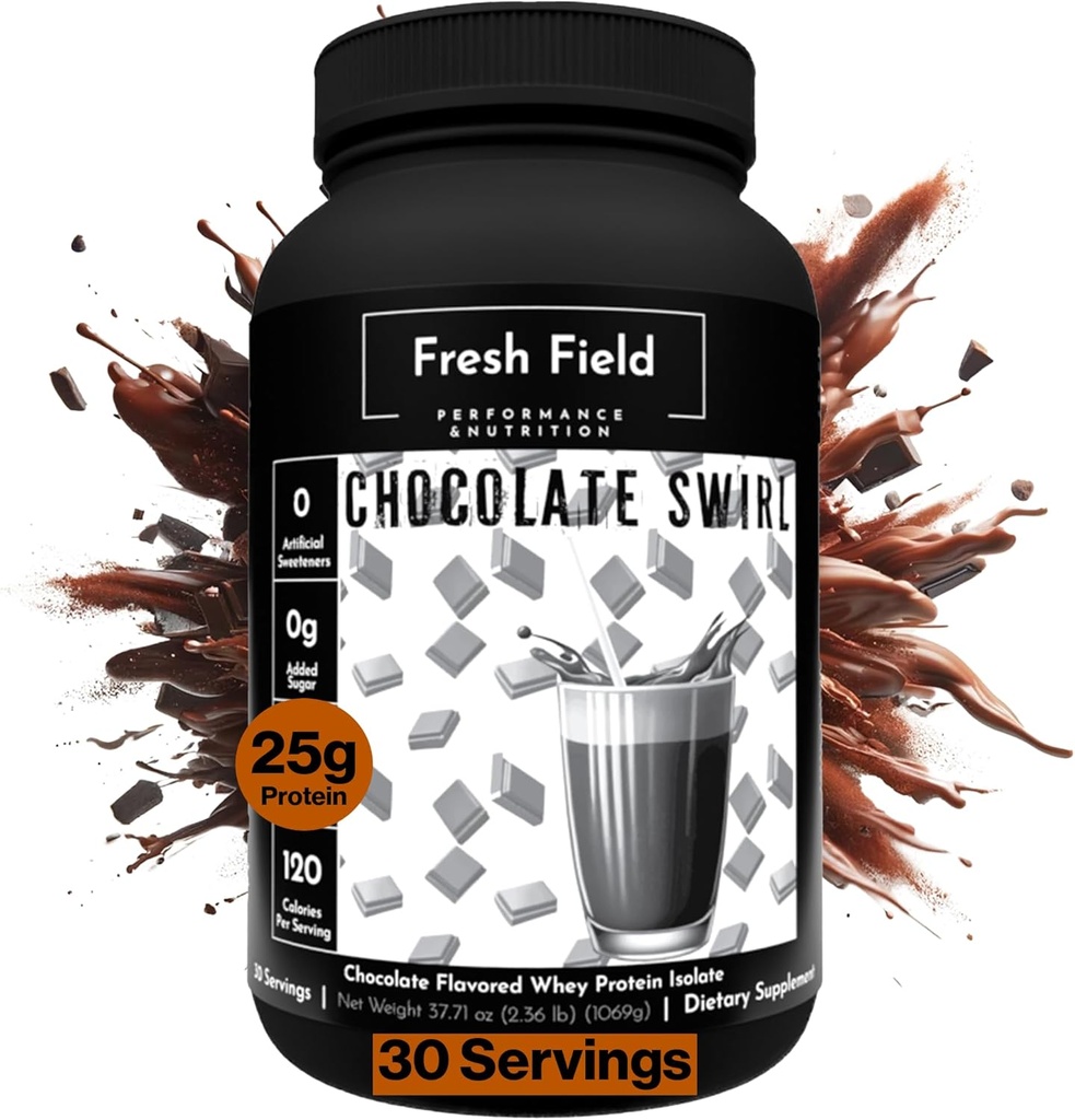 Fresh Field Chocolate Protein Powder - 25g Sūkalu Olbaltumvielas Isolāts, bez lipekļa un sojas, bez cukura, 30 Kalpojumi - Dabīgs Sūkalu Olbaltumvielu Pulveris Workout Fitness & Uzturs Shakes - 2.36 lb