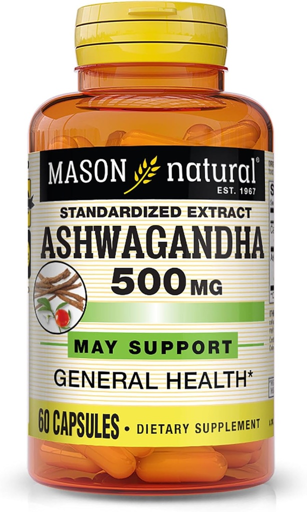 Mason Natural Ashwagandha 500 mg, adaptogēns stresa un enerģijas atbalstam, augu papildinājums, 60 dienu piegādes