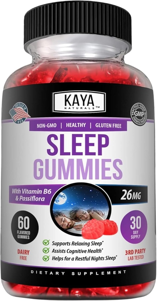 Kaya Naturals Melatonin Gumies (26mg) Veselības Papildinājums & Miega Atbalsts pieaugušajiem, palīdz jums Fall Asleep Protams, vitamīns B6 Gumies - 60 Gummy Vitamīni sievietēm un vīriešiem - 30 dienu piegādes