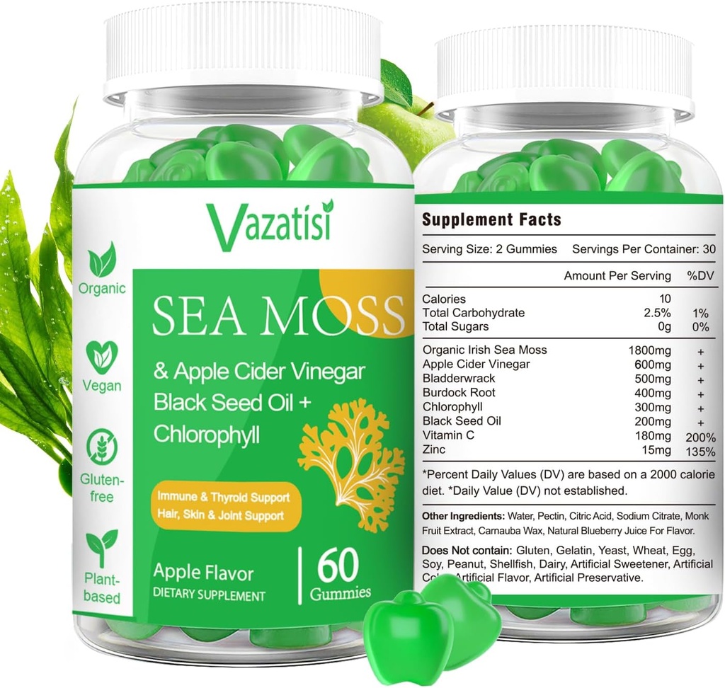 2 Iepakojums Organic Irish Sea Moss Gummies with Black Seed Oil, Chlorophyll - vairogdziedzera, garastāvokļa, enerģijas un imūnās sistēmas atbalsts - Sievietes un vīrieši, pieaugušie un bērni - 120 Vegan Gummes