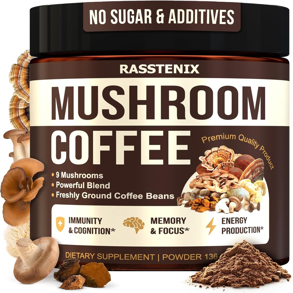 Sēnes Kafija Organiska - 9 Sēnes Adaptogēns Mix - Lion's Mane, Chaga, Turkey Aste, Reishi, Shiitake - Instant Sēnes Kafija Gut veselībai, Enerģija, Garīgā skaidrība - 60 Kalpo