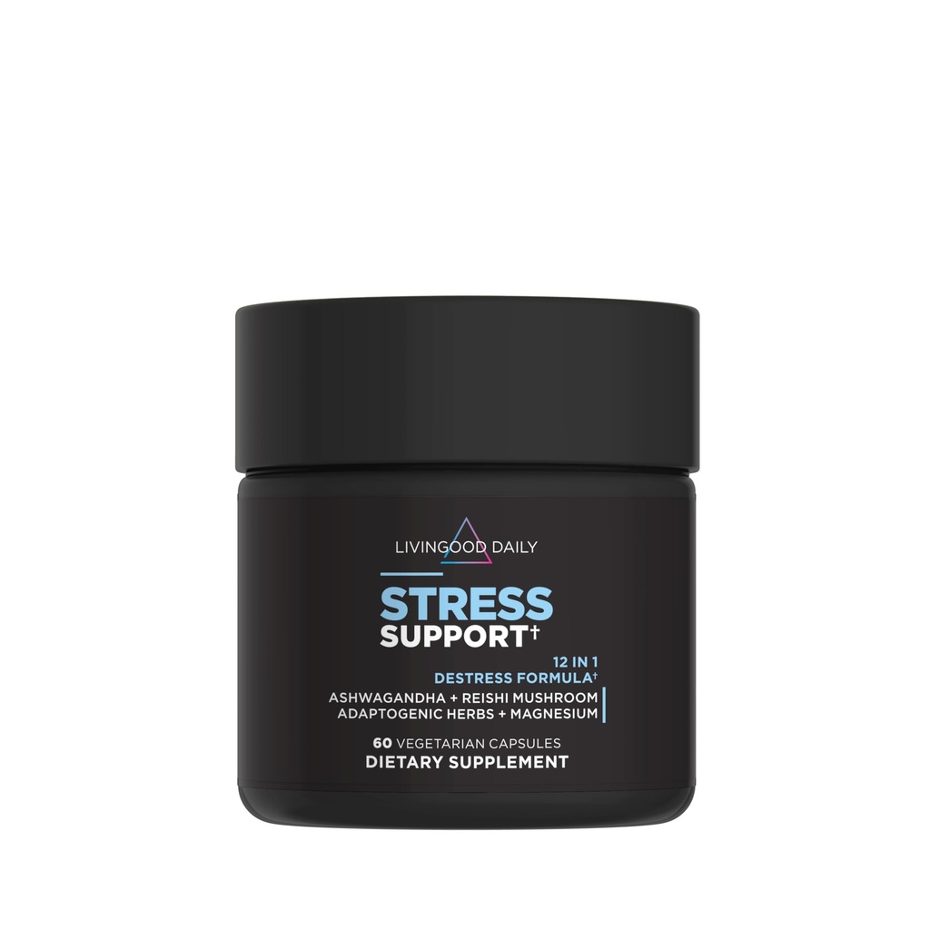 Livingood Daily Stress Support, 12-in-1 Papildinājums ar Ashwagandha, Reishi Sēnes, vitamīns B6, Adaptogēnie Ārstniecības augi & Magnijs, Supports Mood & Calm, Bez lipekļa, Vegan, 60 Veģetāru kapsulas