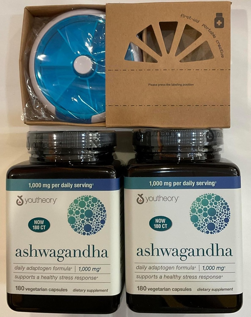 Youtheory Ashwagandha 1000mg ar KSM-66 - Palīdz atbalstīt veselīgu stresa reakciju, 180 kapsulas (iepakojums no 2) un Pill Orgnizer Bandles