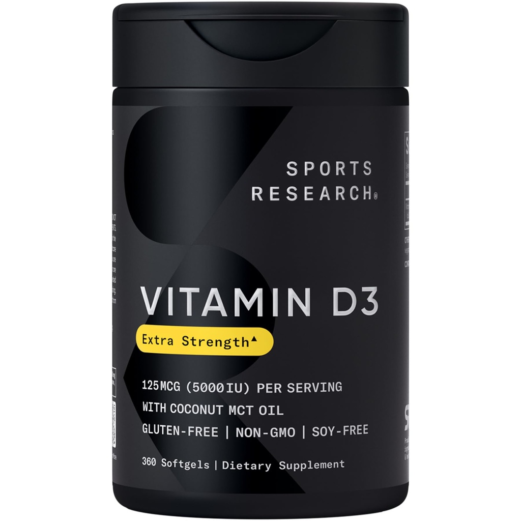 Sports Research® Vitamīns D3 w/Coconut MCT Oil - augstas potences vitamīns D3 5000i (125mcg) Papildinājums imūnās un kaulu atbalsta - bez sēklu eļļas - ne-GMO - bez lipekļa (360 Šķidrie softgeli)