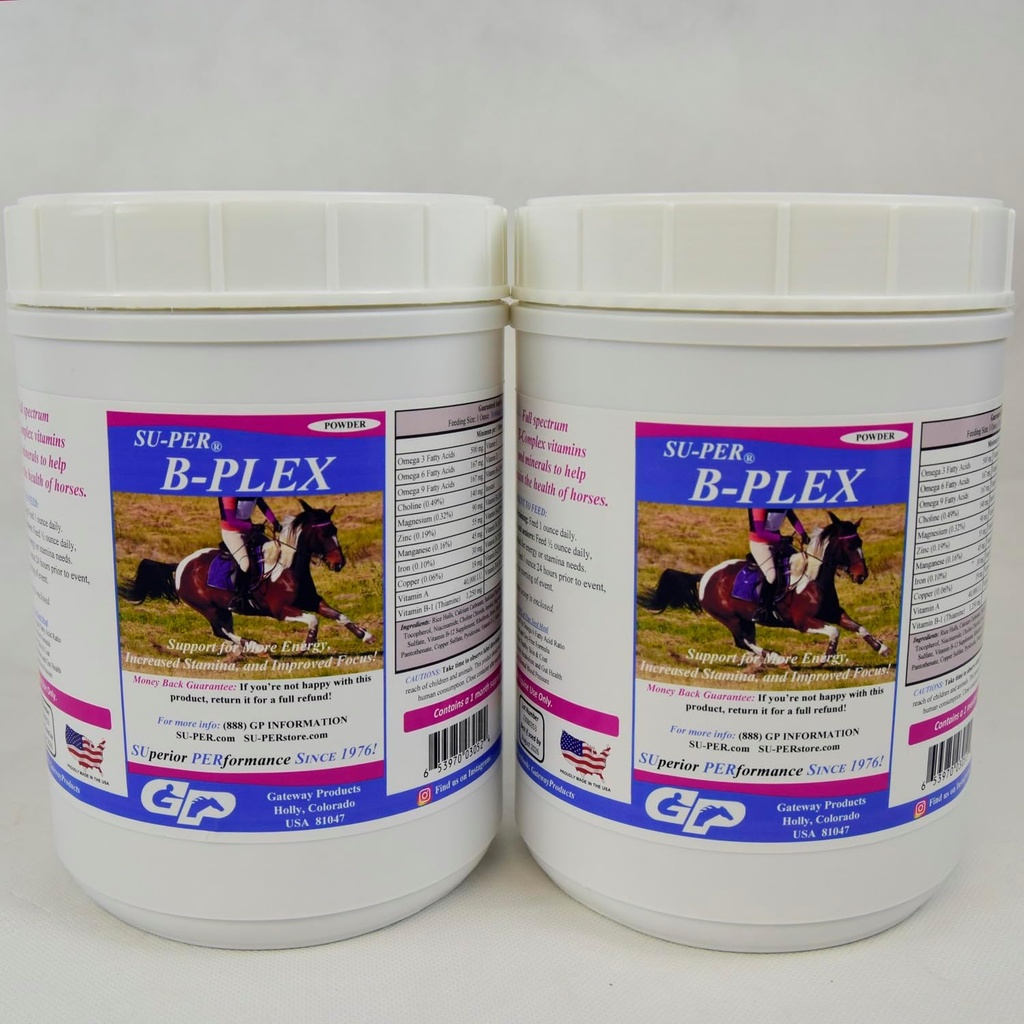 SU-PER B-Plex pulveris Equine Vitamīni - Complete B-Complex Zirgu vitamīni un minerālvielas Papildinājums - Veseli nagi, sarkanās asins šūnas, Zirgu kalcinošs pulveris - 2.5 Dūņas, (2 iepakojumi)