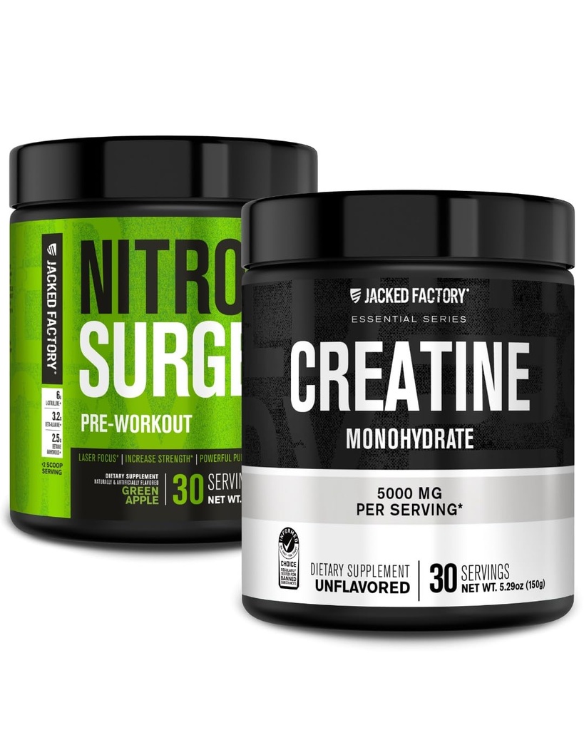 Jacked Factory NITROSURGE Pre Workout Papildinājums (Green Apple, 30 Servings) & Kreatīnu monohidrāta pulveris (Neuzliesmojošs, 30 Servings)