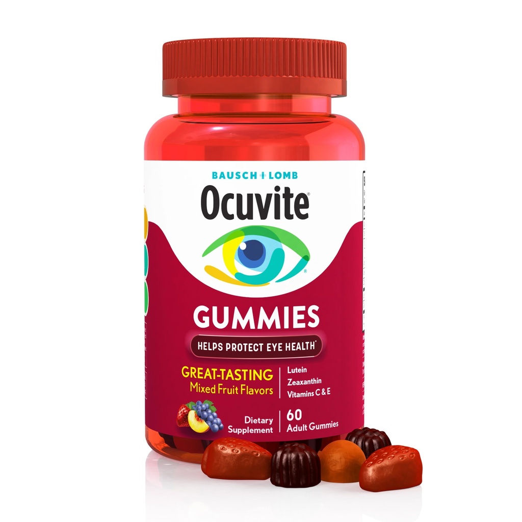 Okuvīta acu vitamīnu un minerālvielu papildinājums, gumijveida multivitamīns acīm, cinks, C un E vitamīns, luteīns un zeaksantīns Papildinājumi redzes atbalstam pieaugušajiem, 60 Gumijas