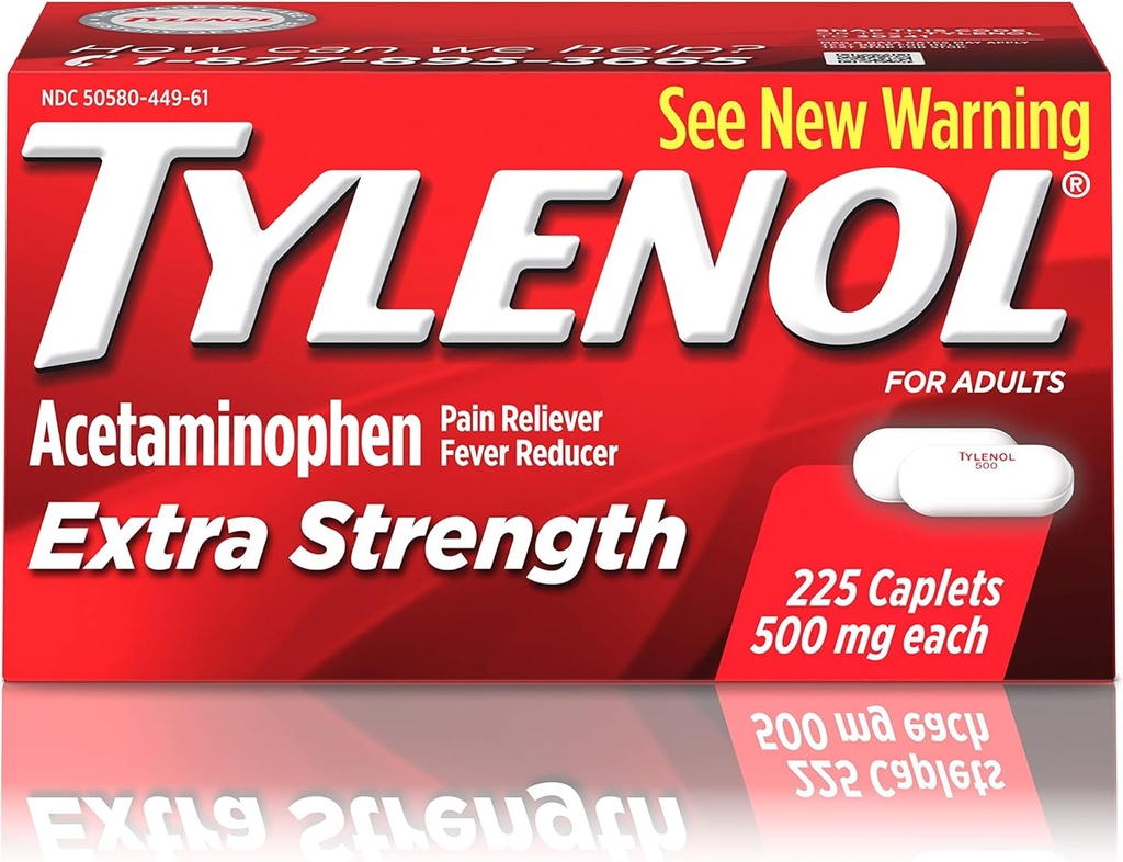 Tylenol Extra Strength Caplets ar 500 mg acetaminofēna, sāpju relivera un drudža reduktoru, Galvassāpes, muguras un menstruālā sāpju mazināšanai, 225 sn