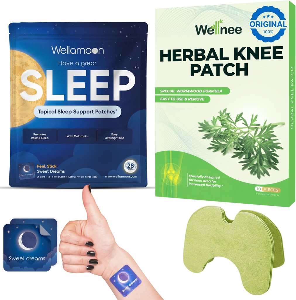 Wellnee & Wellamoon Wellness iepakojums: Herbal Knee Comfort Patches (10 grāfs) & Natural Sleep Support Patches (28 grāfs) – Locītavu un muskuļu Komforts ar augu bāzes Miega Atbalsts