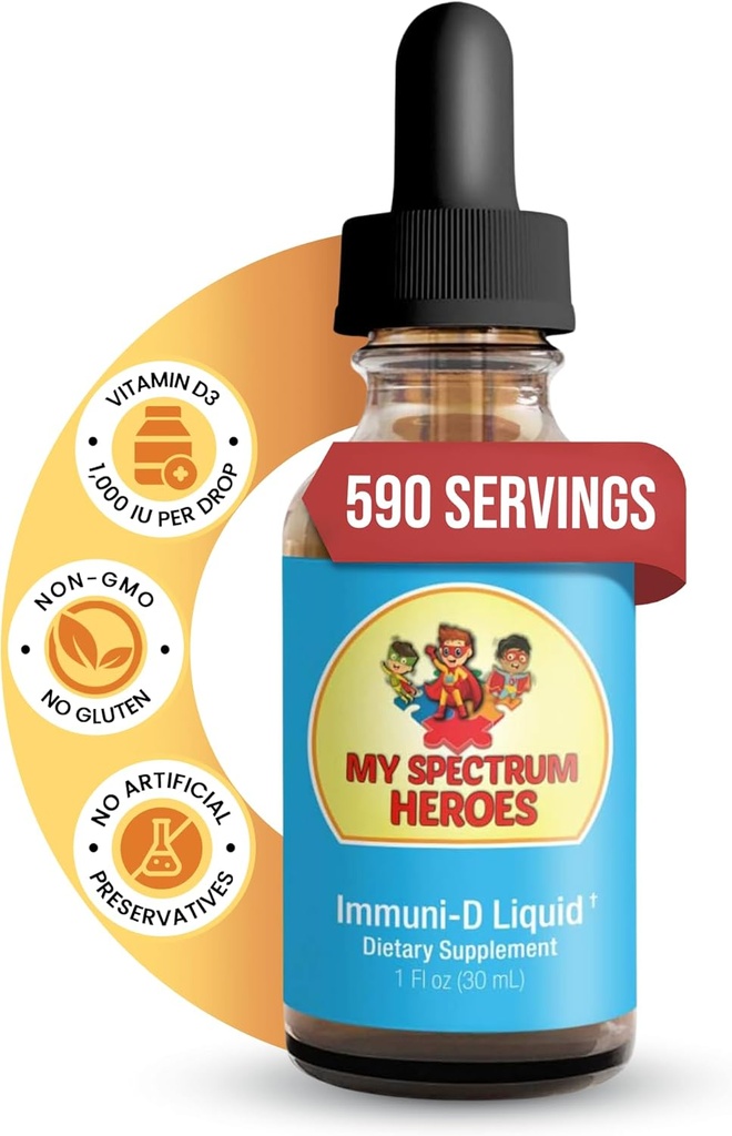 My Spectrum Heroes - Immuni-D Šķidrais vitamīns D3 Papildinājums, 1000 SV Per serving, bez lipekļa, bez garšvielām Vitamīnu šķidrums, palīdz minerālā Absorbcija bērniem un pieaugušajiem - 1 FI oz (30 ml)