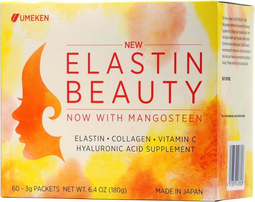 Umeken Elastin Beauty Powder Papildinājums ar kolagēna peptīdiem, hialuronskābi, C vitamīnu un mangosteen Fruit, Sieviešu veselību un labsajūtu, 1 mēnesis Supply, 60 Packets