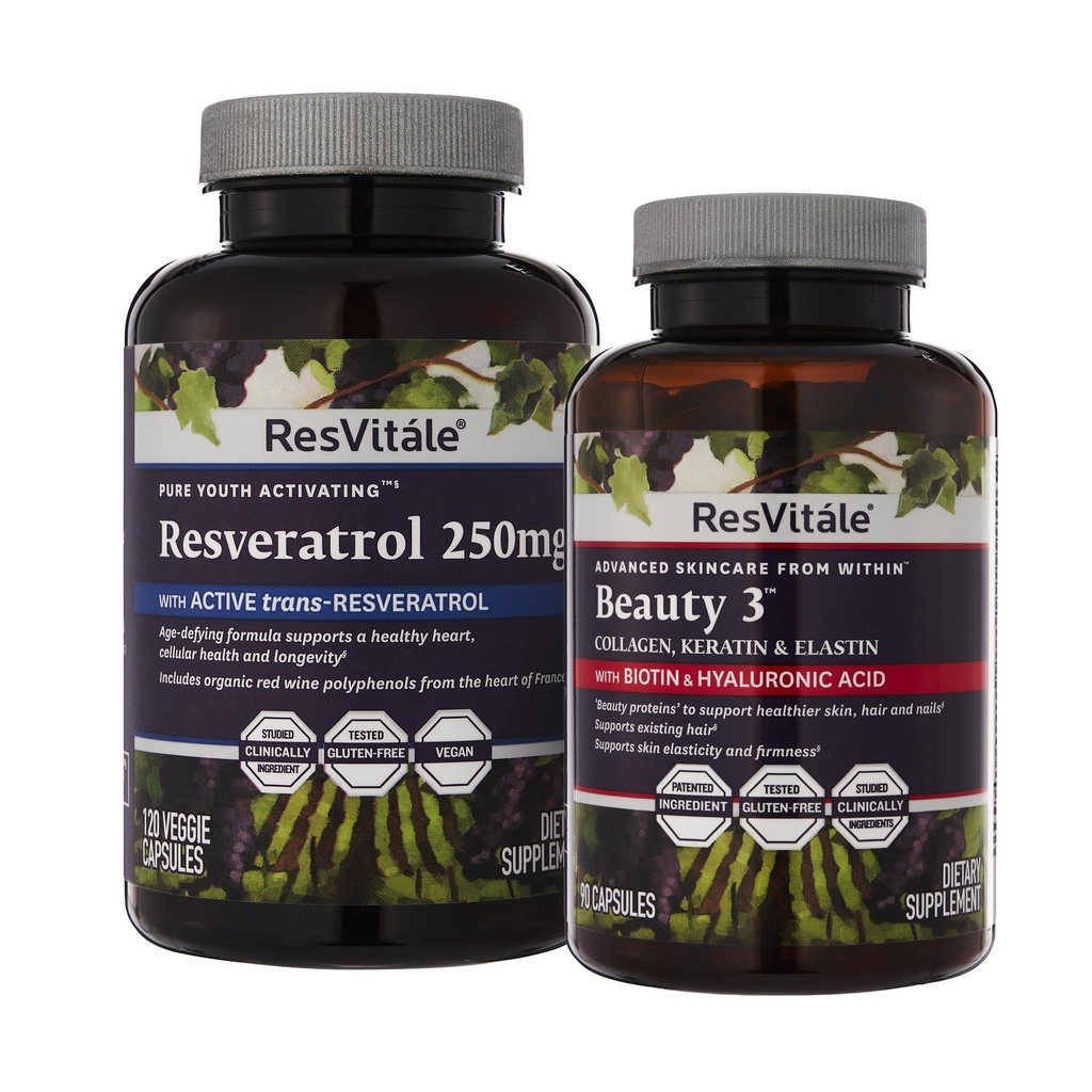 ResVitale Beauty 3 - Ādas kopšanas papildterapija ar kolagēnu, keratīnu un elastīnu - 90 kapsulas un Resveratrol 250 mg - Resveratrol papildterapija vīriešiem un sievietēm - 120 Veggie kapsulas
