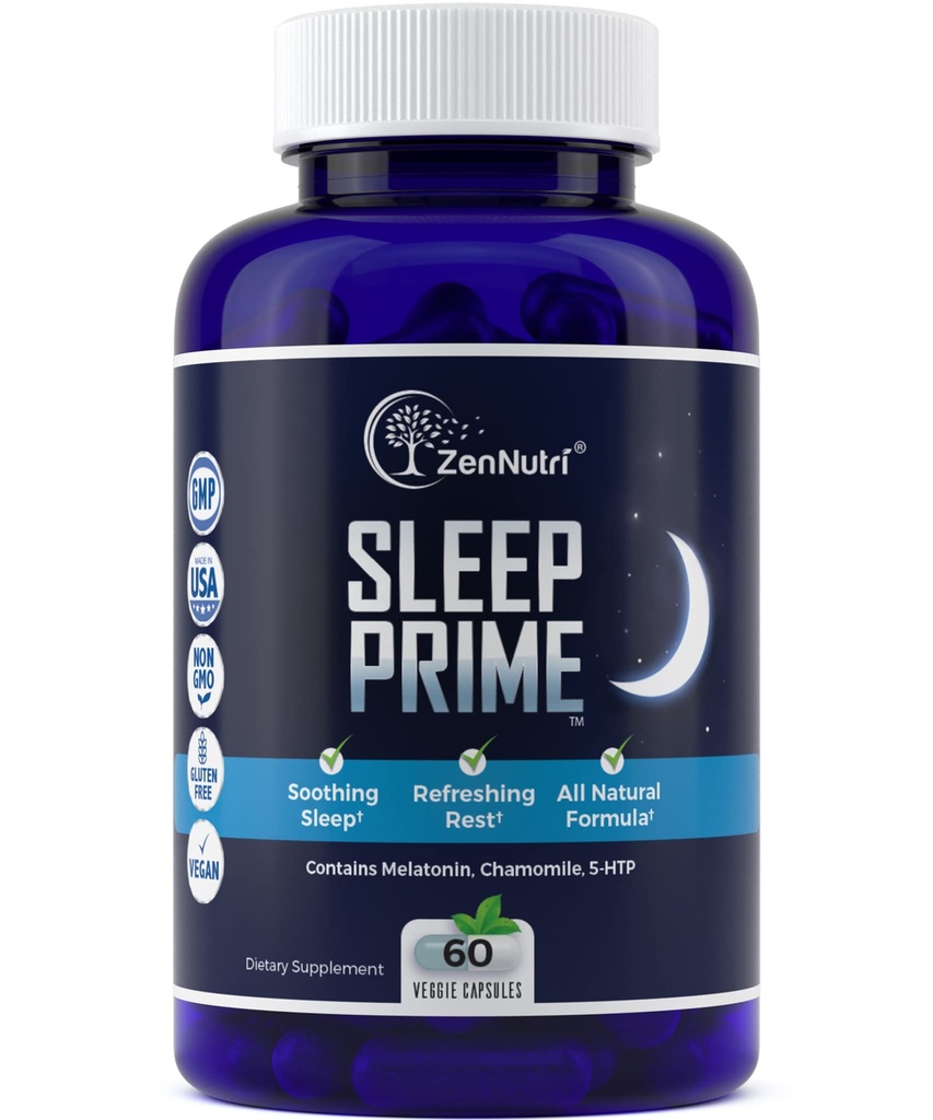 Miegs Prime Vegan dabas miega līdzeklis pieaugušajiem Extra Strength - Dziļa miega papildinājums - Augu gulēšana Pill - Stress Relief - Melatonīns, GABA - 60 Veggie vāciņi