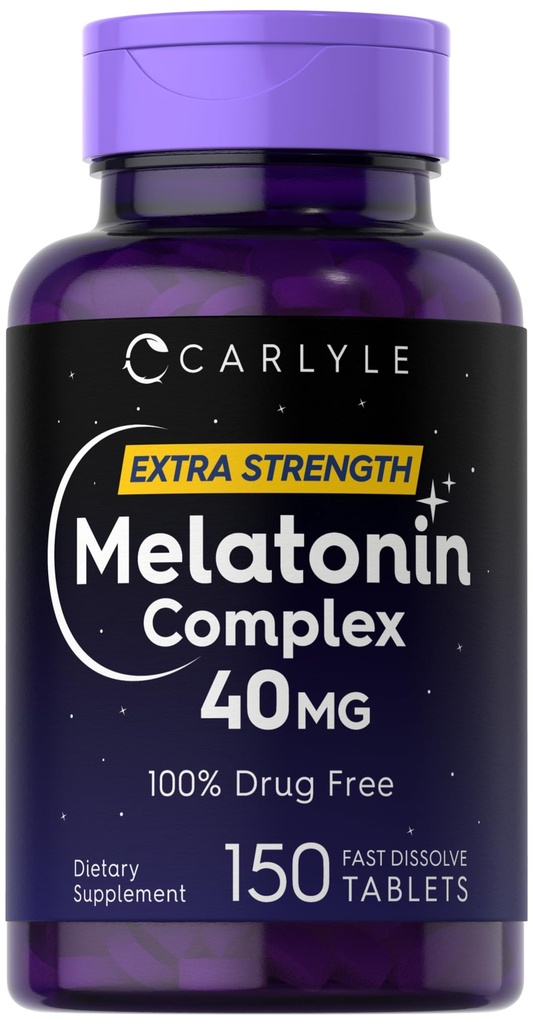 Carlyle Melatonin 40mg komplekss - 150 Ātri izšķīdiniet tabletes -- Extra Strength Support -- ar Ashwagandha un kumelītes -- Vegetarian, Non-GMO, bez lipekļa Papildinājums