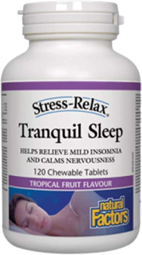 Stress-Relaksācija Košļājams Transquil Miega dabas faktori, Miega papildinājums, Tropu augļu Flavor, 60 tabletes
