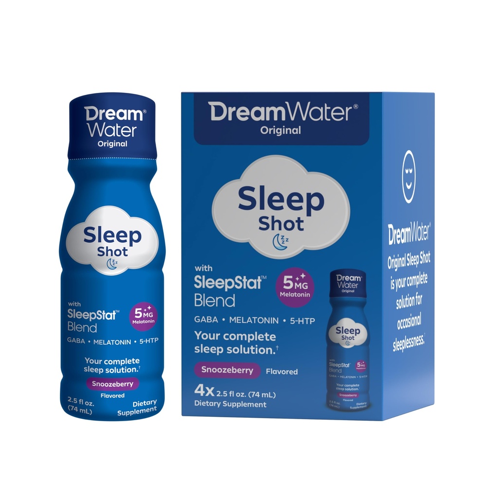 Dream Ūdens Miega Palīglīdzeklis Dzēriens; Melatonīns 5mg, GABA, 5-HTP; Zero Cukurs, Dabas Uzliesmojums, Nav Pievienots Krāsas, 2.5oz Šķidrs Miega Šots, Snoozeberry, 4-Count