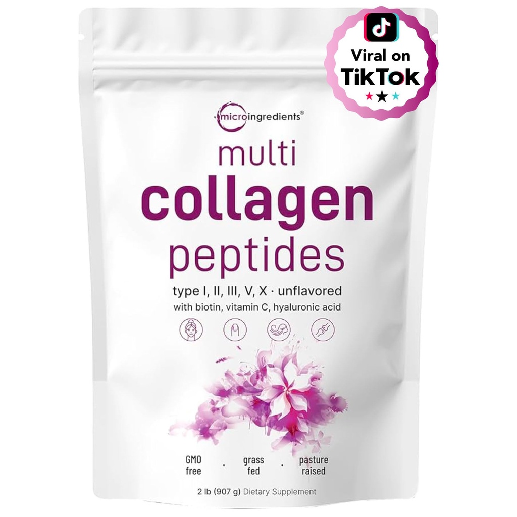 Mikro Sastāvdaļas Multi-kolagēna peptīdi Pulveris, 2lb - I, II, III, V, X, + Biotīns, vitamīns C & Hyaluronic Acid • Neuzliesmojošs - Atbalsts Matu, ādas un locītavu veselība