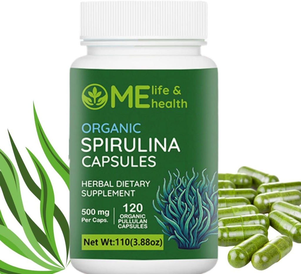 MAN DZĪVE UN VESELĪBA Spirulīnas kapsulas, 100% Organisks spirulīna pulveris (120 ct) 500 mg ar augstu olbaltumvielu, A vitamīna, B12 Antioksidanti un vitamīni, vegāna, Dabīgs un tīrs spirulīna bez GMO un lipekļa