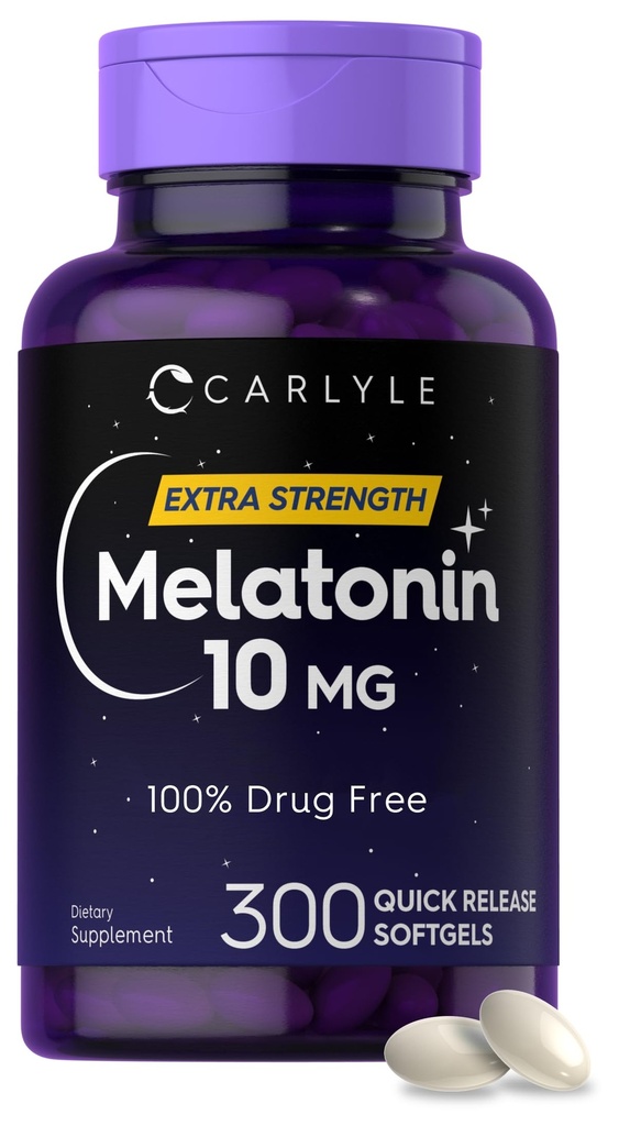 Carlyle Melatonin 10mg  - 300 Softgels -- Papildu stipruma atbalsts pieaugušajiem -- ne-GMO, bez lipekļa piedevas