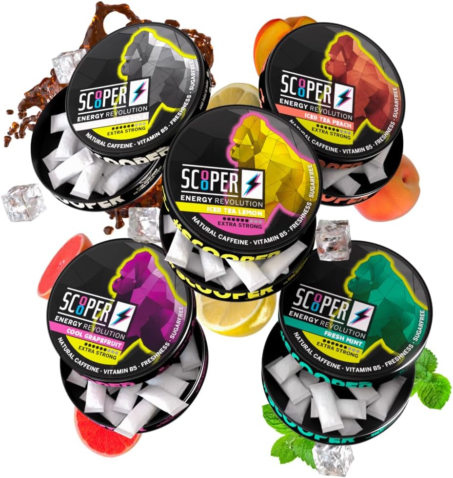 Scooper Enerģija I 5 kannas I All-in-One-Box I Enerģijas maisi Bezcukura I 80 mg Dabiskais kofeīns Visi aromatizatoru iepakojums I 12 maisi I Cool Greipfrūts, svaiga piparmētra, ledus kola, ledus persiku un citronu tēju