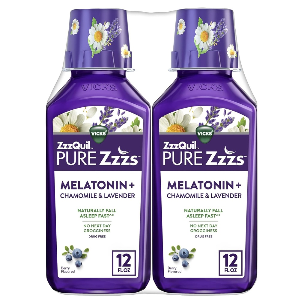 ZzzQuil Pure Zzzs Melatonīns Šķidrums, Miega līdzeklis, Šķidrums Melatonīns 2 mg, ar kumelīšu un lavandu, Fall Asleep Fast, Melatonīns Miega līdzeklis pieaugušajiem, Berry Flavored, 2 Pack, 24 FL OZ
