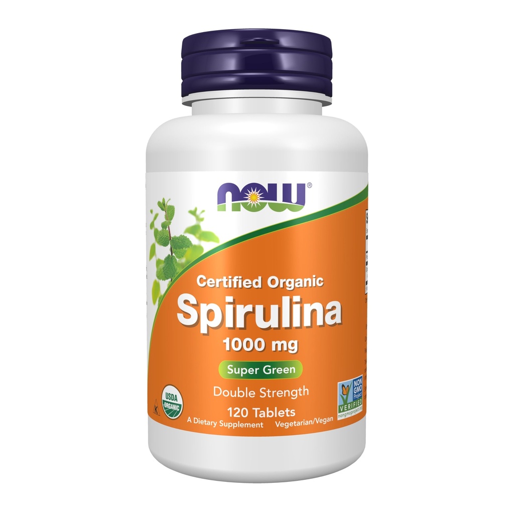 NOW pārtikas piedevas, Certified Organic, Spirulina 1000 mg (Double Strength), bagāts ar Beta-karotīnu (A vitamīns) un B-12 ar dabā sastopamām GLA, 120 tabletes
